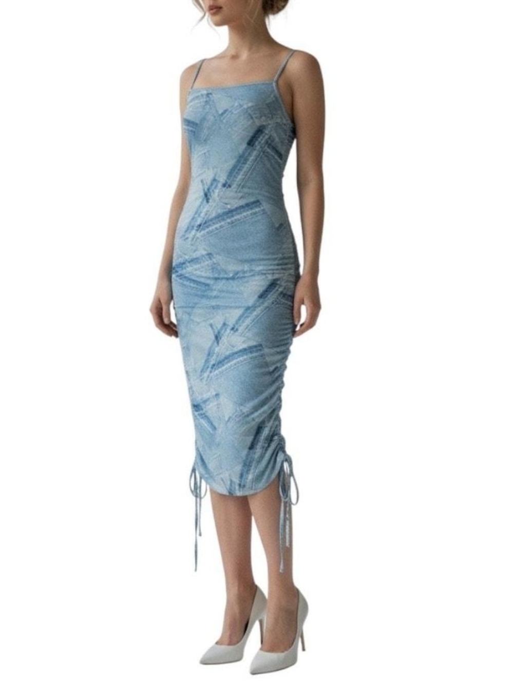 Good American Light Blue Ruched Slip Midi Dress XL - 4 NWOT